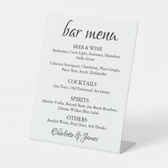 Elegantes Calligraphy Classic Wedding Bar Menu Sockelschild (Vorderseite)
