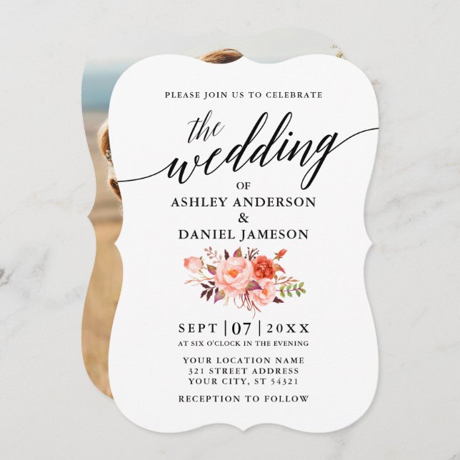 Elegantes Calligraphy Coral Floral Foto Hochzeit Einladung (Vorne/Hinten)