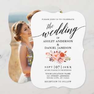 Elegantes Calligraphy Coral Floral Foto Hochzeit Einladung