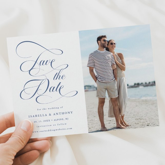 Elegantes Calligraphy Dusty Blue Wedding Foto Save The Date (Von Creator hochgeladen)
