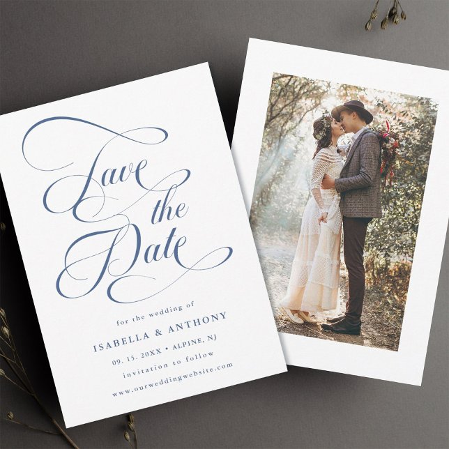 Elegantes Calligraphy Dusty Blue Wedding Foto Save The Date (Front & Back)
