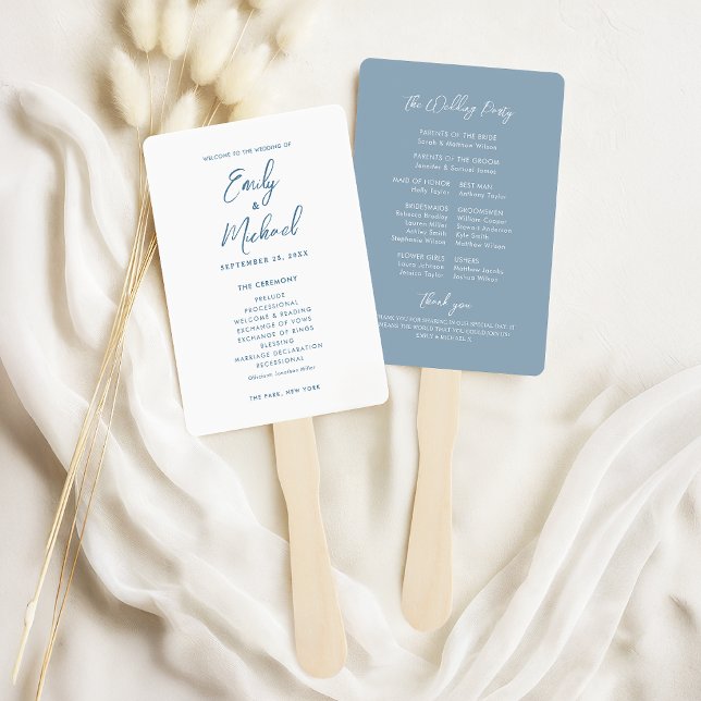 Elegantes Calligraphy Dusty Blue Wedding Program Fächer (Elegant dusty blue calligraphy text wedding program hand fan. Perfect for staying cool!)