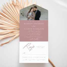 Elegantes Calligraphy Dusty Rose Foto Wedding All In One Einladung