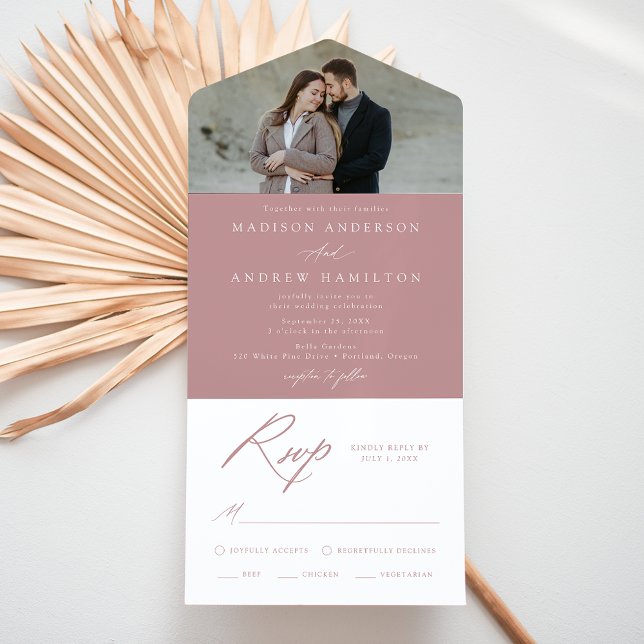 Elegantes Calligraphy Dusty Rose Foto Wedding All In One Einladung (Von Creator hochgeladen)