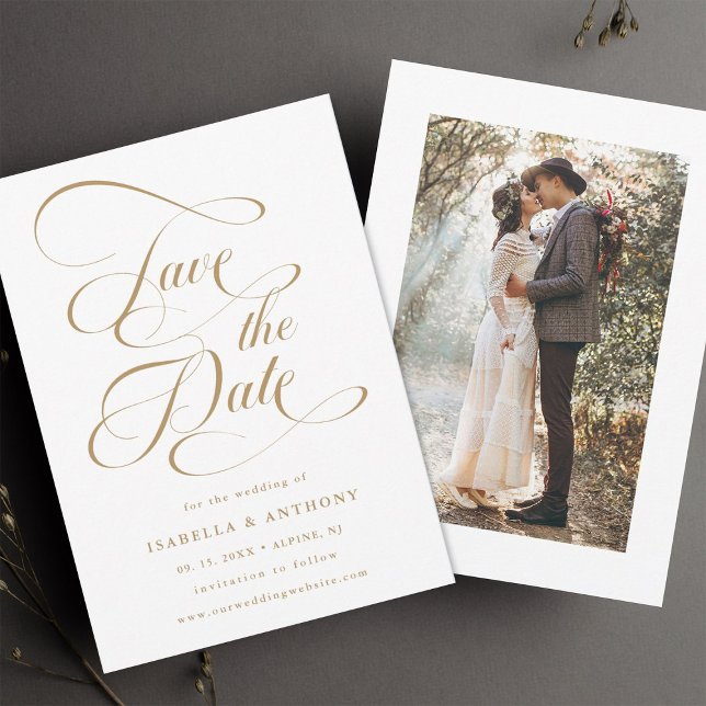 Elegantes Calligraphy Gold Wedding Foto Save The Date (Front & Back)