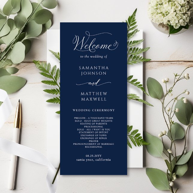 Elegantes Calligraphy Navy Blue Wedding Program (Von Creator hochgeladen)