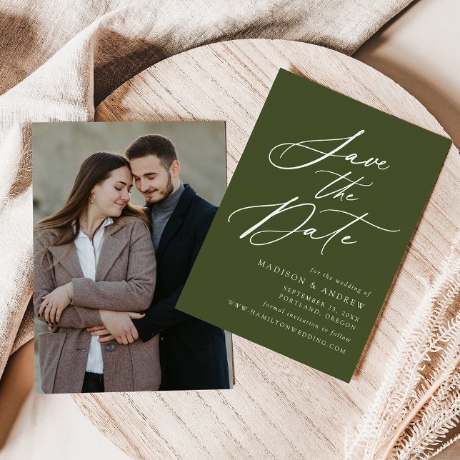 Elegantes Calligraphy Olive Green Foto Hochzeit Save The Date (Von Creator hochgeladen)