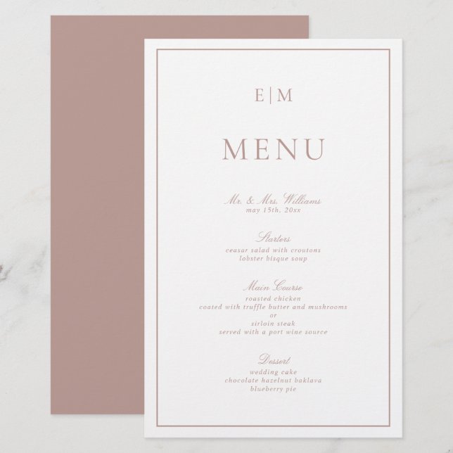 Elegantes Calligraphy Pink Monogram Wedding Menu (Vorne/Hinten)