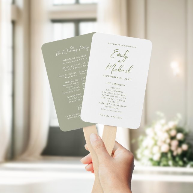 Elegantes Calligraphy Sage Green Wedding Programm Fächer (Elegant calligraphy sage green and white wedding program hand fan)