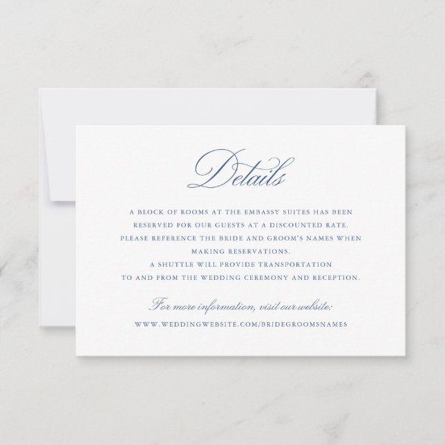 Elegantes Calligraphy Script Blue Wedding Details Einladung (Vorderseite)
