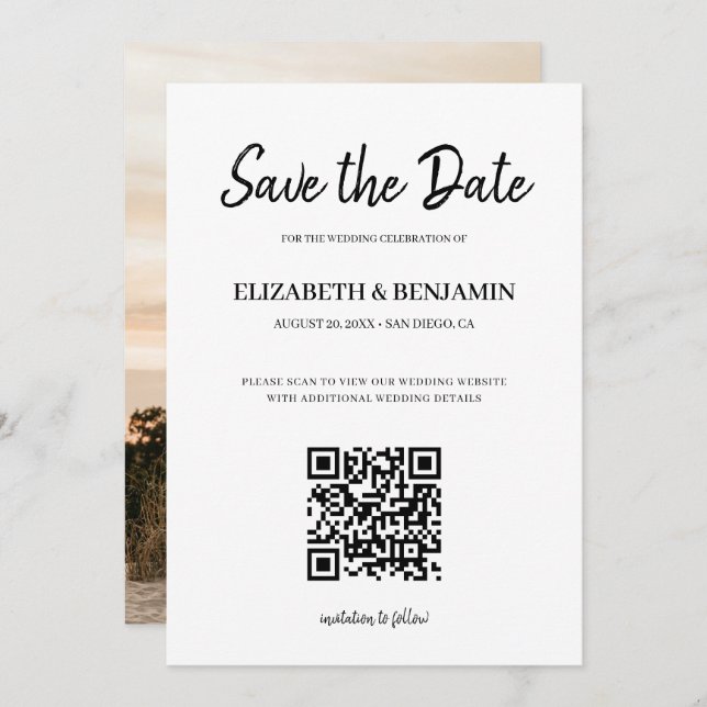 Elegantes Calligraphy Script QR Code Foto Rette Save The Date (Vorne/Hinten)