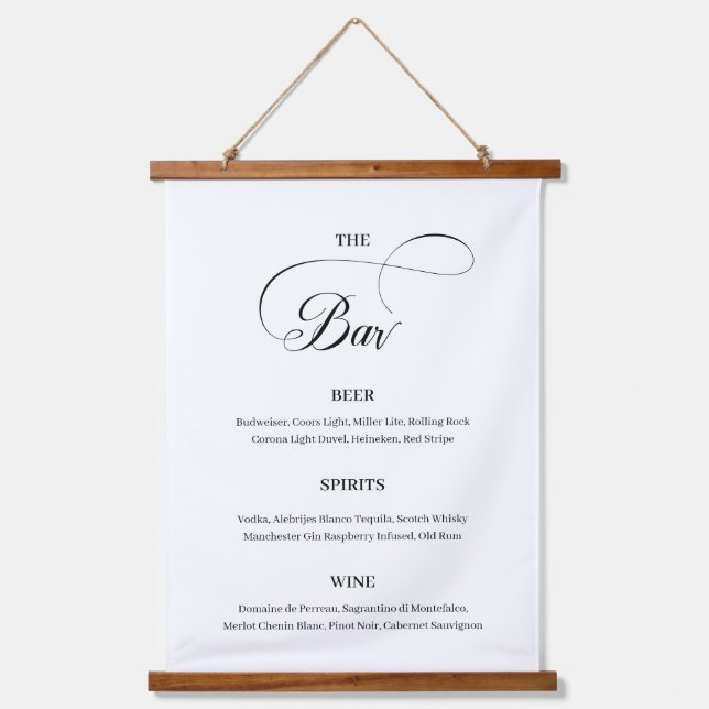 Elegantes Calligraphy Script Wedding Bar Menu Wandteppich Mit Holzrahmen (Vorderseite)