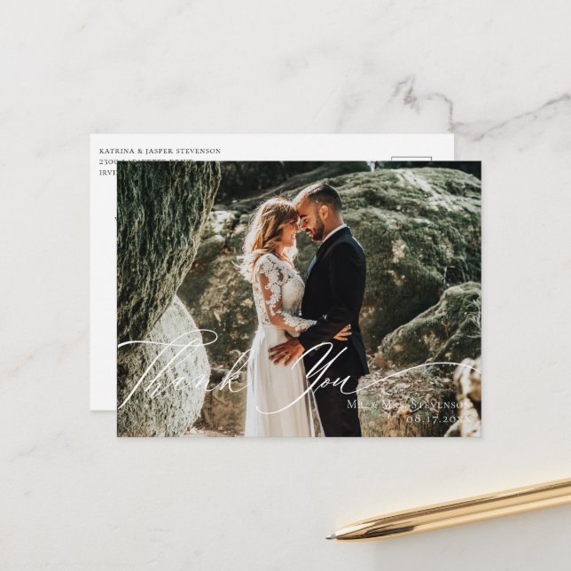 Elegantes Calligraphy Wedding Foto Vielen Dank Postkarte (Vorderseite/Rückseite Beispiel)