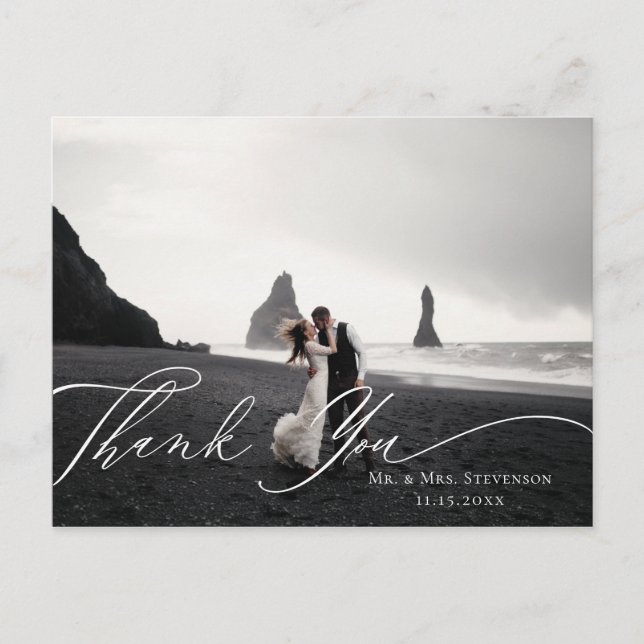 Elegantes Calligraphy Wedding Foto Vielen Dank Postkarte (Vorderseite)