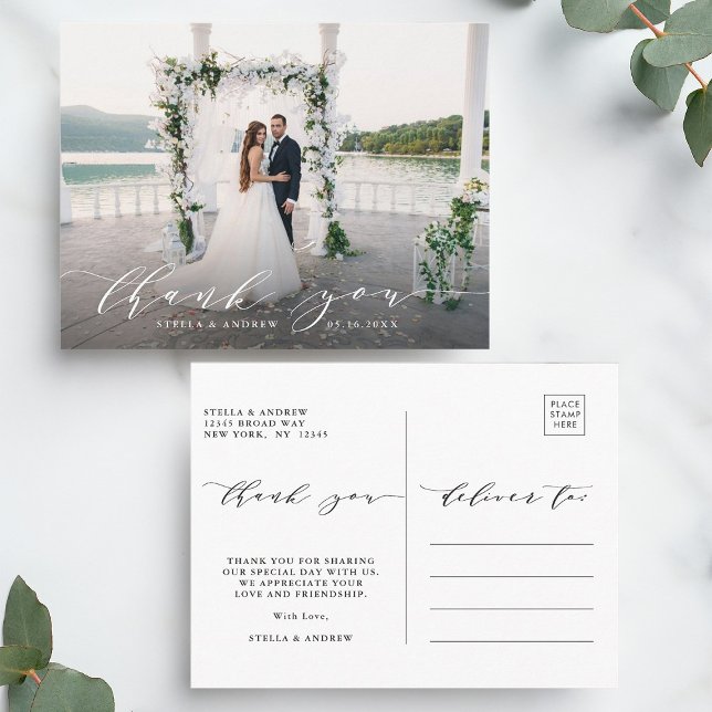 Elegantes Calligraphy Wedding Foto Vielen Dank Postkarte (Front & Back)