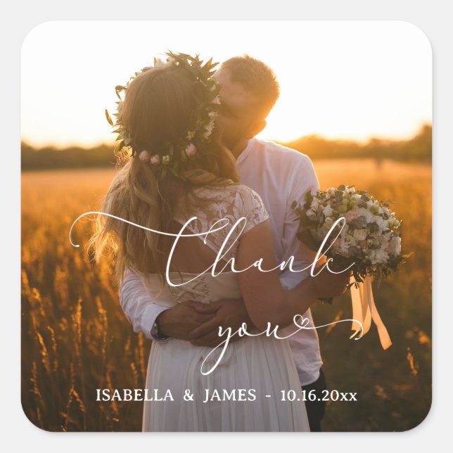 Elegantes Calligraphy Wedding Foto Vielen Dank Quadratischer Aufkleber (Vorderseite)