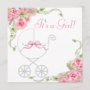 Elegantes Carriage Pink Rose Baby Einladungen