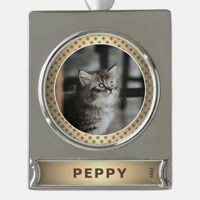 Elegantes Cat Foto Golden Metallic Banner-Ornament Silber (Vorderseite)