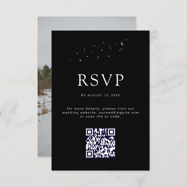 Elegantes Celestial Black QR Code Wedding Foto RSVP Karte (Vorne/Hinten)