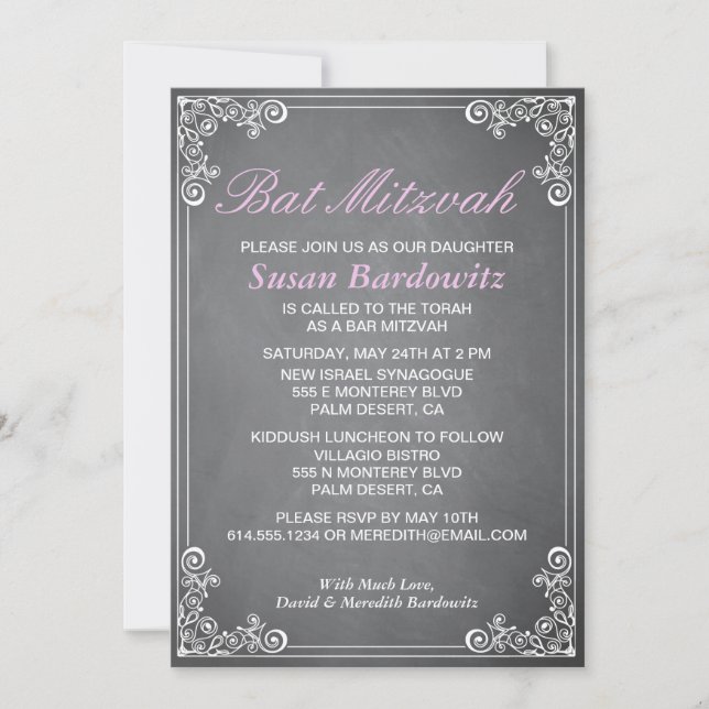 Elegantes Chalkboard Bat Mitzvah Einladung (Vorderseite)