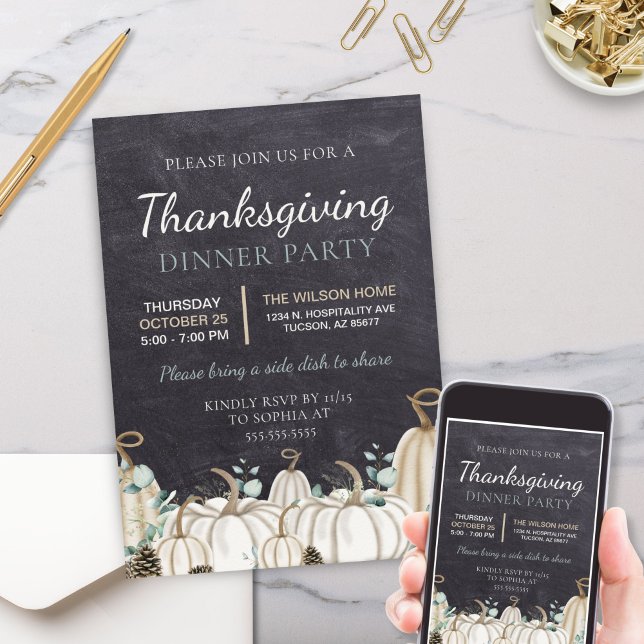 Elegantes Chalkboard Herbst Erntedank Abendessen Einladung (elegant white pumpkin themed thanksgiving fall autumn dinner party or event invitation with greenery)