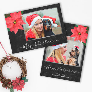 Elegantes Chalkboard Poinsettia Weihnachtsfest Fot Feiertagskarte
