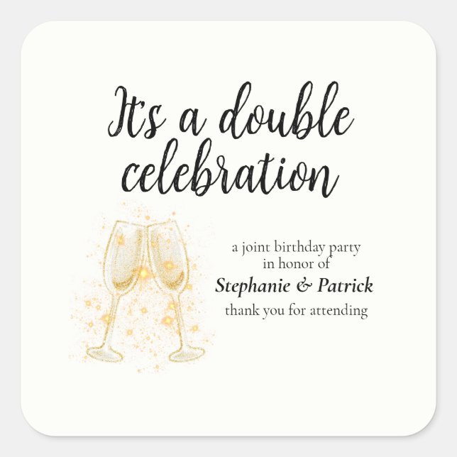Elegantes Champagne Double Celebration Joint Party Quadratischer Aufkleber (Vorderseite)