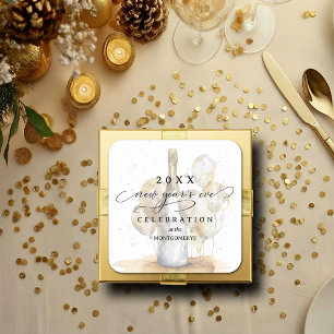 Elegantes Champagner- und Ballon-Silvester Quadratischer Aufkleber
