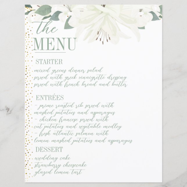 Elegantes Charm Green Wildblume Wedding Menu (Vorderseite)