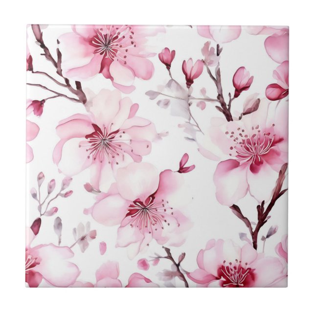 Elegantes Cherry Blossom Wasserfarbenes Muster Fliese (Vorderseite)