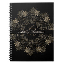 Elegantes Chic Black and Gold Floral Script Monogr