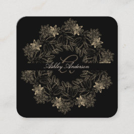 Elegantes Chic Black and Gold Floral Script Monogr Quadratische Visitenkarte