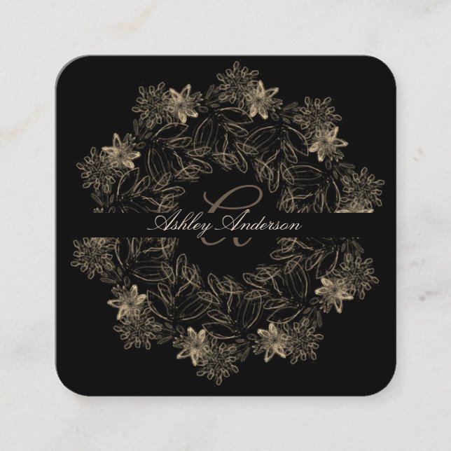 Elegantes Chic Black and Gold Floral Script Monogr Quadratische Visitenkarte (Vorderseite)