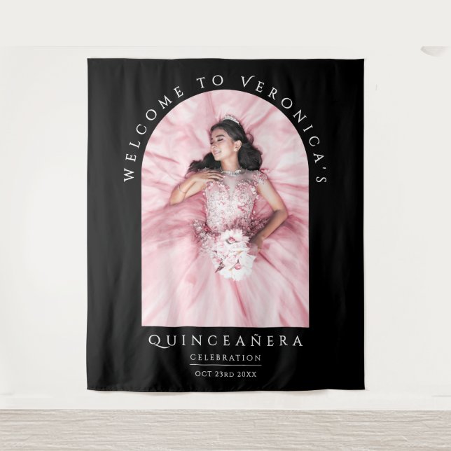 Elegantes Chic Black Classica Quinceñera Foto Wandteppich (Vorderseite)