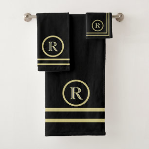 Elegantes Chic Black Gold Custom Monogram Badhandtuch Set