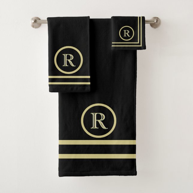 Elegantes Chic Black Gold Custom Monogram Badhandtuch Set (Insitu)
