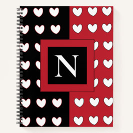 Elegantes Chic Black Red White Hearts Monogramm Notizbuch