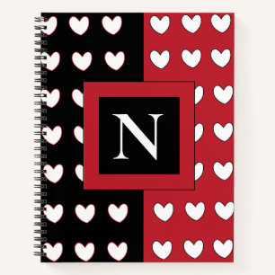 Elegantes Chic Black Red White Hearts Monogramm Notizbuch
