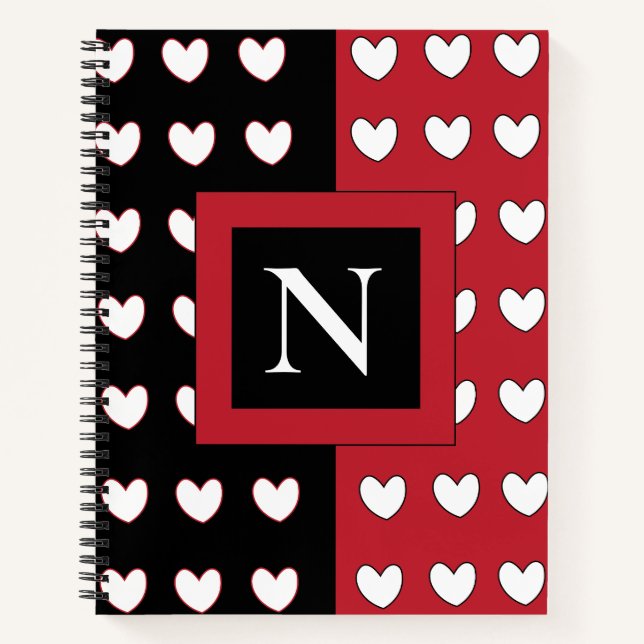 Elegantes Chic Black Red White Hearts Monogramm Notizbuch (Vorderseite)