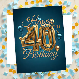 Elegantes Chic Blau und Gold Luftballons 40. Gebur Postkarte