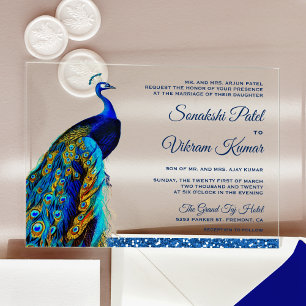 Elegantes Chic Blauglitzer Pfau Indische Hochzeit Acryleinladungen