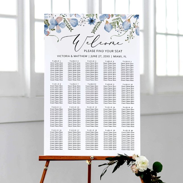 Elegantes Chic Blue Floral Wedding Chart Poster (Von Creator hochgeladen)