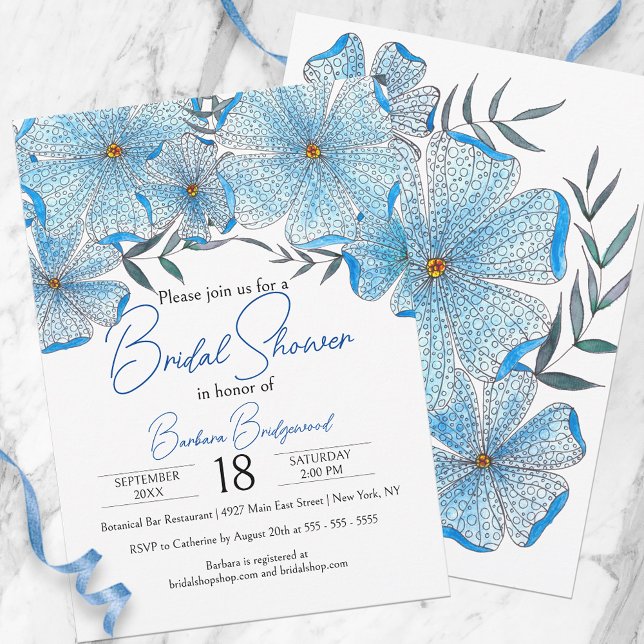 Elegantes Chic Blue Watercolor Blume Brautparty Einladung (Von Creator hochgeladen)