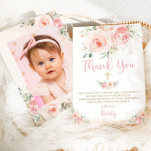 Elegantes Chic Blush Pink Floral Gold Taufe Foto Dankeskarte