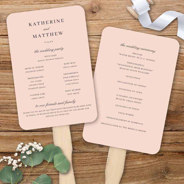 Elegantes Chic Blush Pink Hochzeitsfeierprogramm Fächer (Elegant Chic Blush Pink & Dark Grey Wedding Ceremony Program Hand Fan)