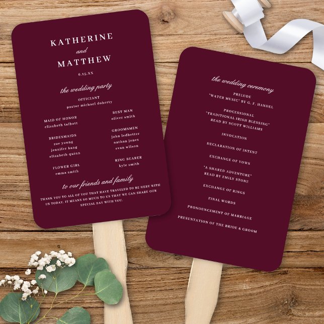 Elegantes Chic Burgundy Hochzeitsfeierprogramm Fächer (Elegant Chic Burgundy Merlot Wedding Ceremony Program Hand Fan)