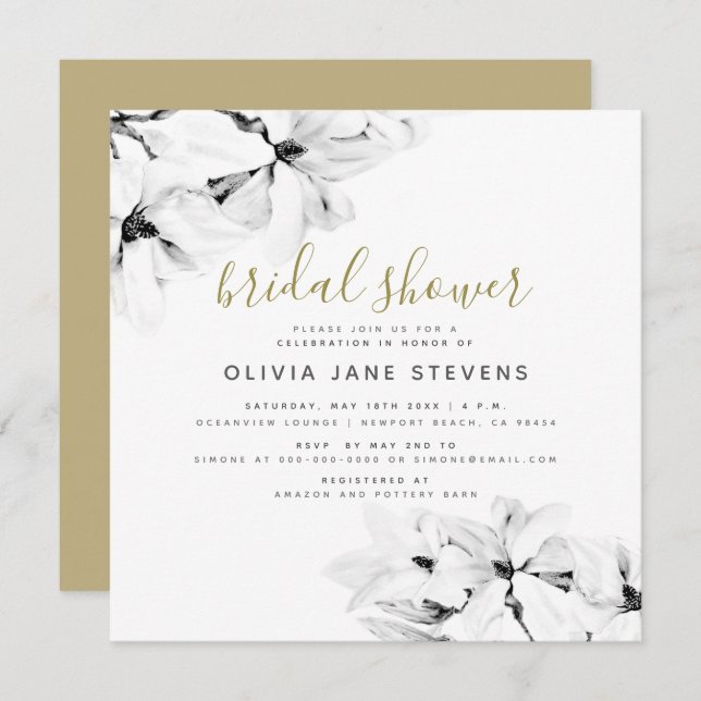 Elegantes Chic Chic Floral Magnolias Brautparty Einladung (Vorne/Hinten)