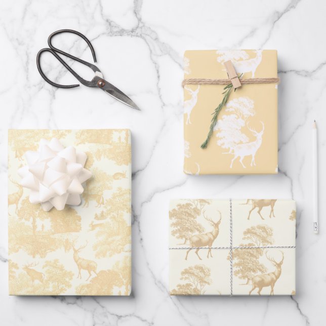 Elegantes Chic Cream Beige Toile Deer Woodland Geschenkpapier Set (Vorderseite)