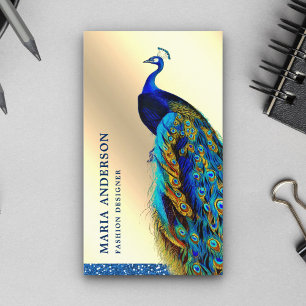 Elegantes Chic Creme Goldfolie Blau Indischer Pfau Visitenkarte