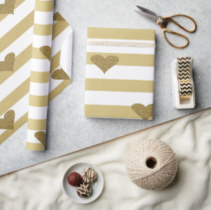 Elegantes Chic Faux-Gold-Glitzerherzen auf Streif Geschenkpapier
